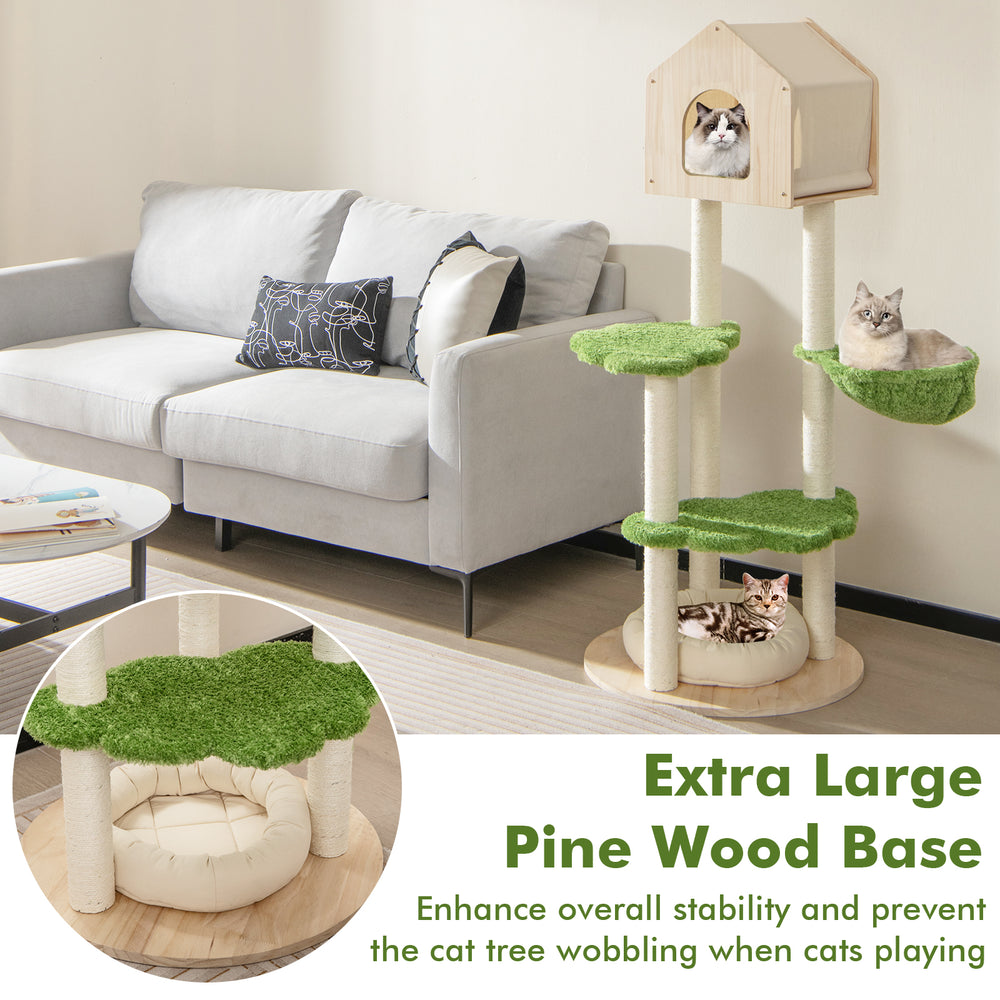 Extra large cat climbing stand with pine wood base, soft bed, and sisal scratching posts for indoor kittens in green.