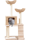 Cat lounging in the cozy condo of a 48-inch beige cattail cat tower with sisal scratching posts and perches.
