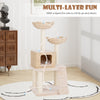 Multi-layer cat tower with sisal scratching posts, beige color, featuring a top perch and side bed for climbing and.