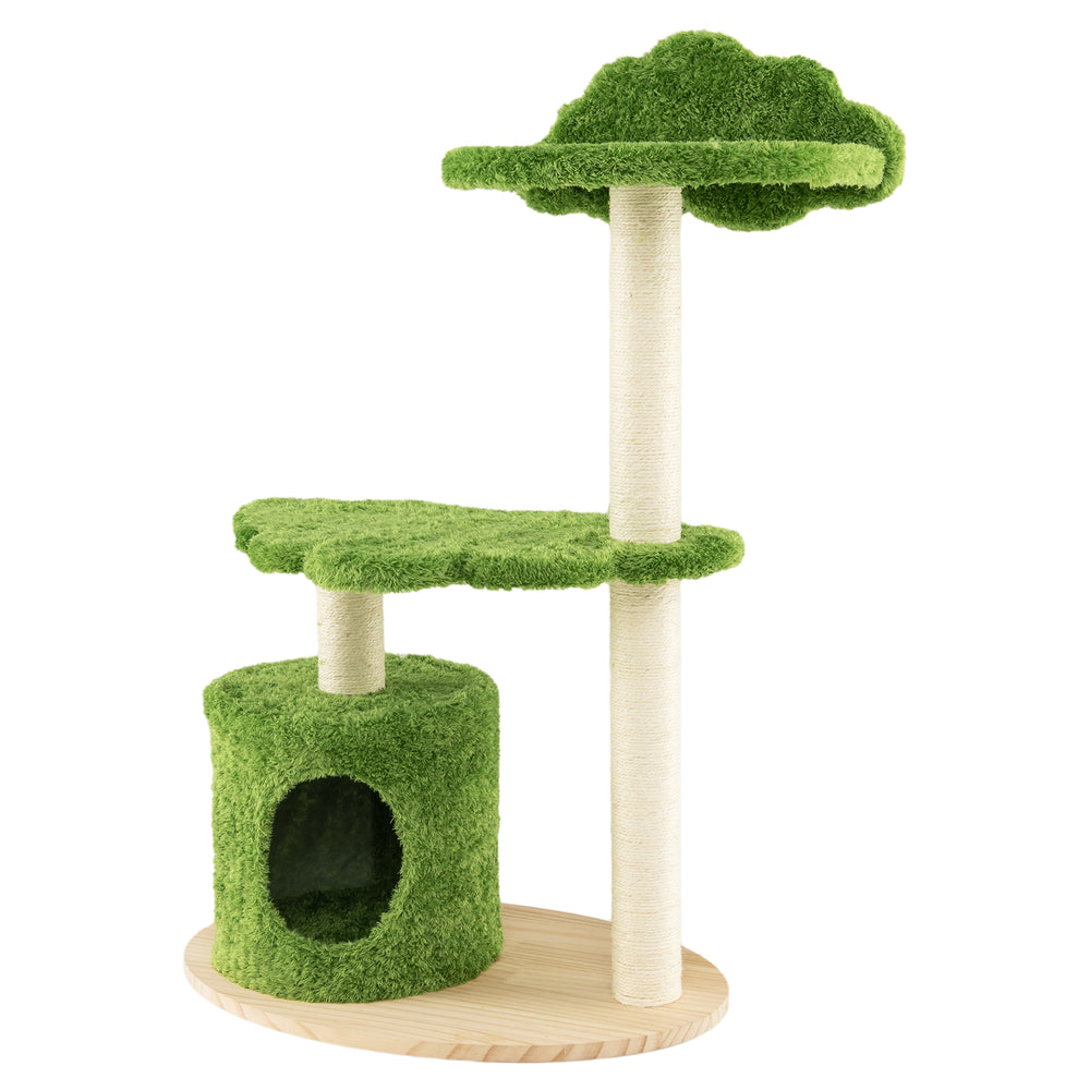 Green cat tree with cloud-shaped platforms, sisal scratching posts, and cozy condo for indoor cats.