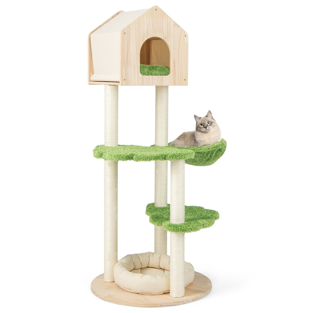 Cat climbing stand with sisal scratching posts, soft green platforms, and cozy hideaway for indoor kittens.