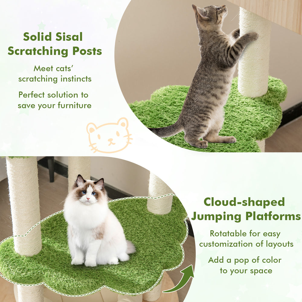 Cat climbing stand featuring sisal scratching posts and soft platforms, perfect for indoor kittens to play and relax.