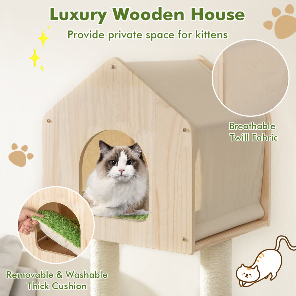 Luxury wooden cat house with breathable twill fabric and removable cushion, perfect for indoor kittens to relax.