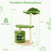 Green cat tree with dimensions, featuring a cozy condo, sisal scratching posts, and a bird-watching perch for indoor.