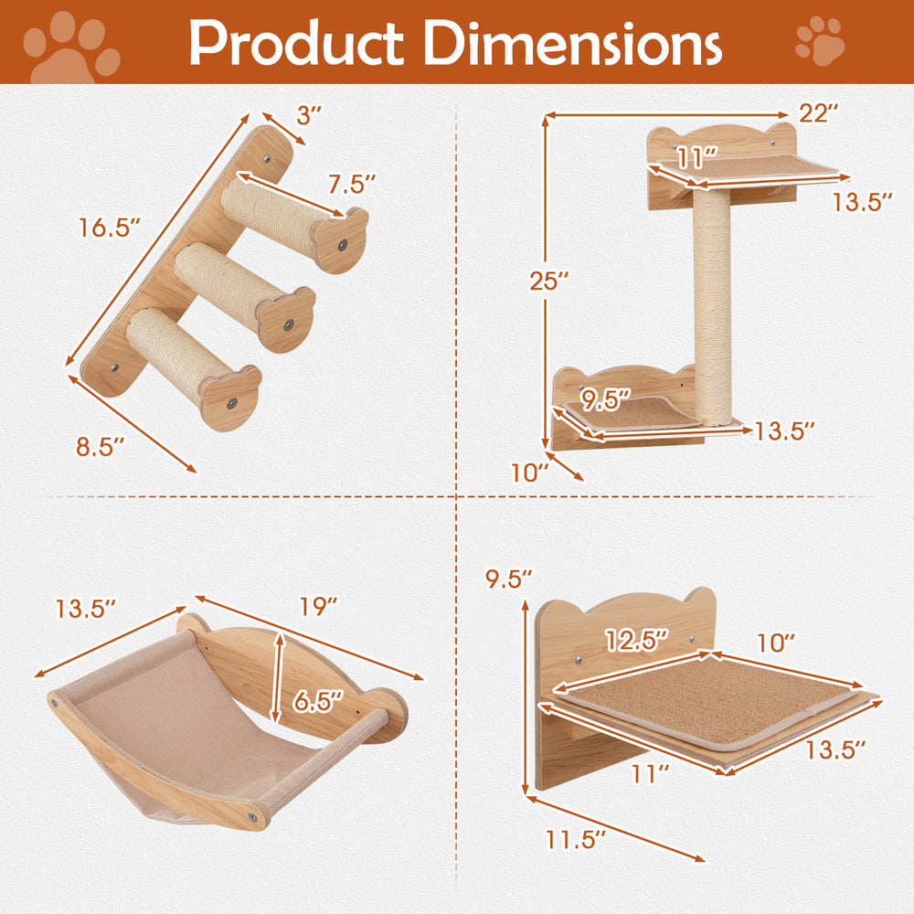 Product dimensions for the Cat Wall Furniture Set of 4, including hammock, cat tree, and perch in natural wood finish.