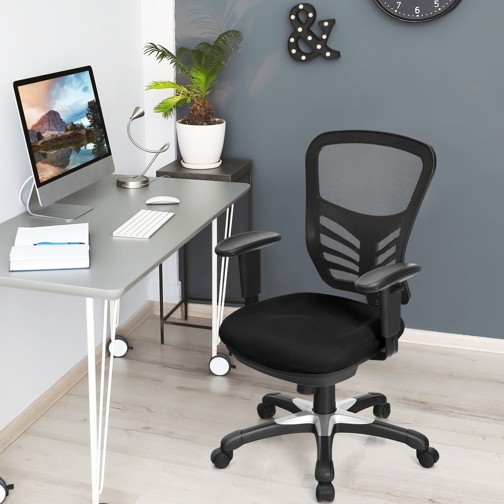 Ergonomic black mesh office chair with adjustable back height and armrests, perfect for home or office use.