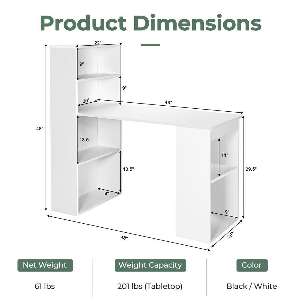 Computer desk with 6-tier storage shelves in white, featuring a large desktop and compact design for efficient.