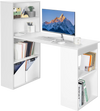 Compact white computer desk with 6-tier storage shelves, ideal for home or office organization and workspace efficiency.