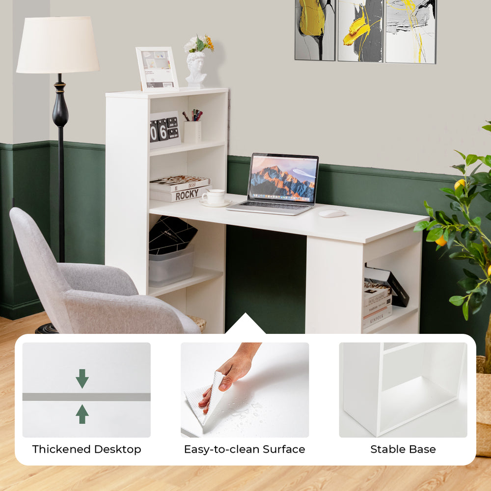 Computer desk with 6-tier storage shelves in white, featuring a thickened desktop and easy-to-clean surface for home.