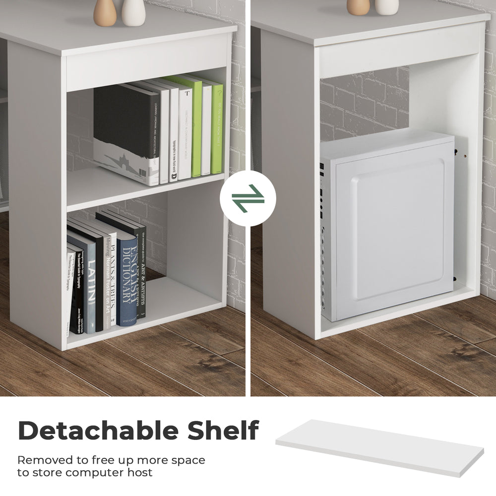 Detachable shelf of a white computer desk with 6-tier storage, ideal for organizing office supplies and saving space.