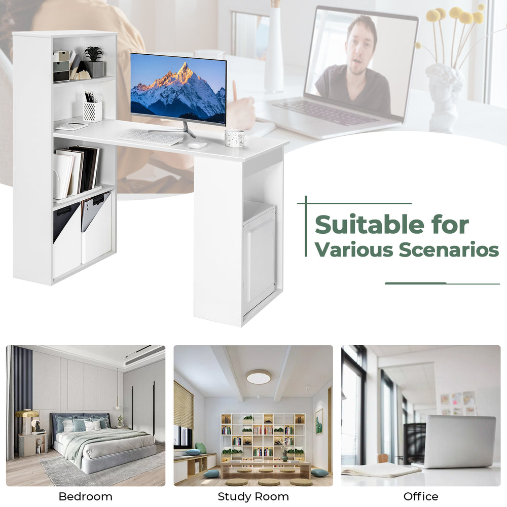 Computer desk with 6-tier storage shelves in white, ideal for home, office, or study room organization.