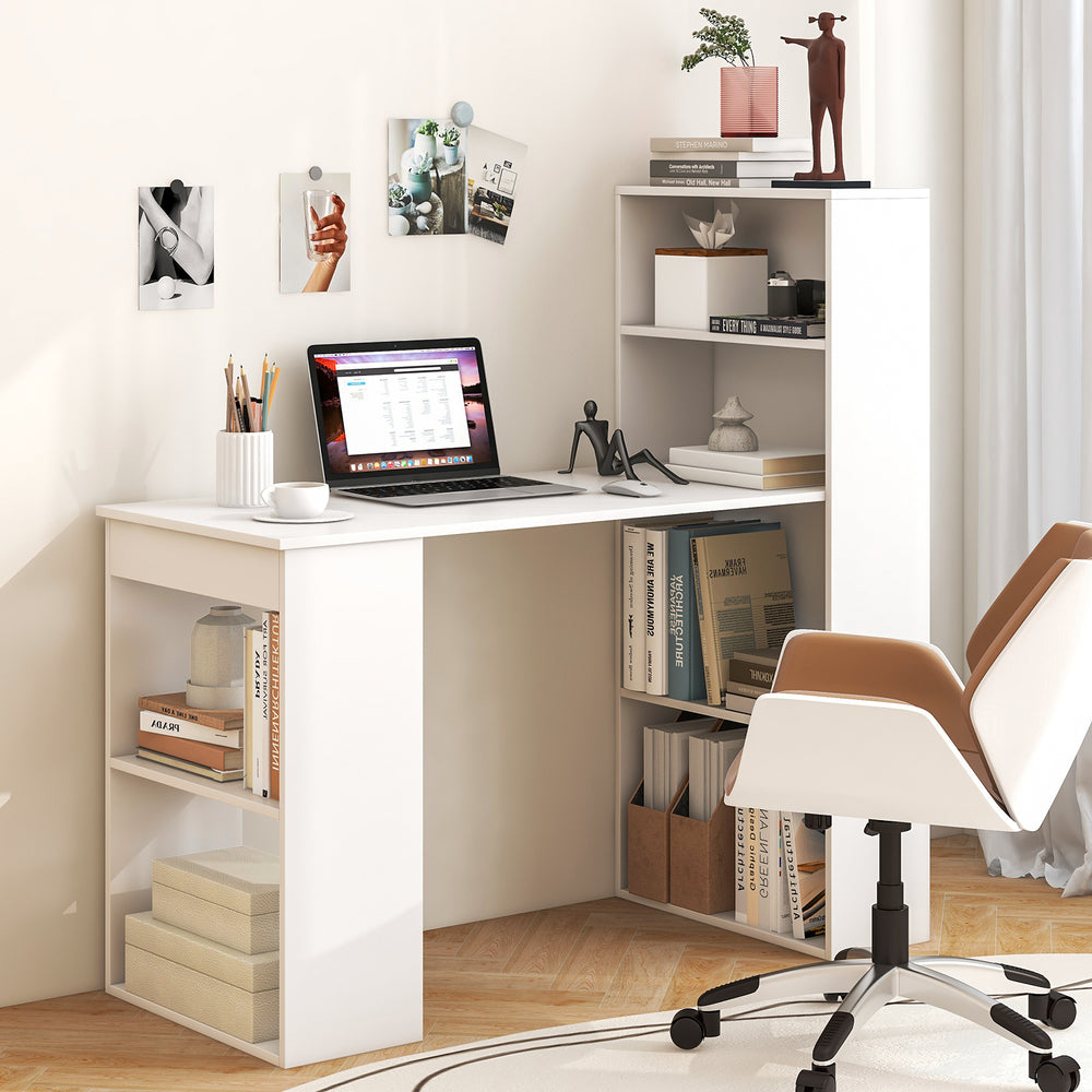 White computer desk with a large surface and 2-tier shelf, designed for efficient organization in small spaces.