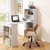 Compact white computer desk with 6-tier storage shelves, ideal for home or office organization and efficient workspace.