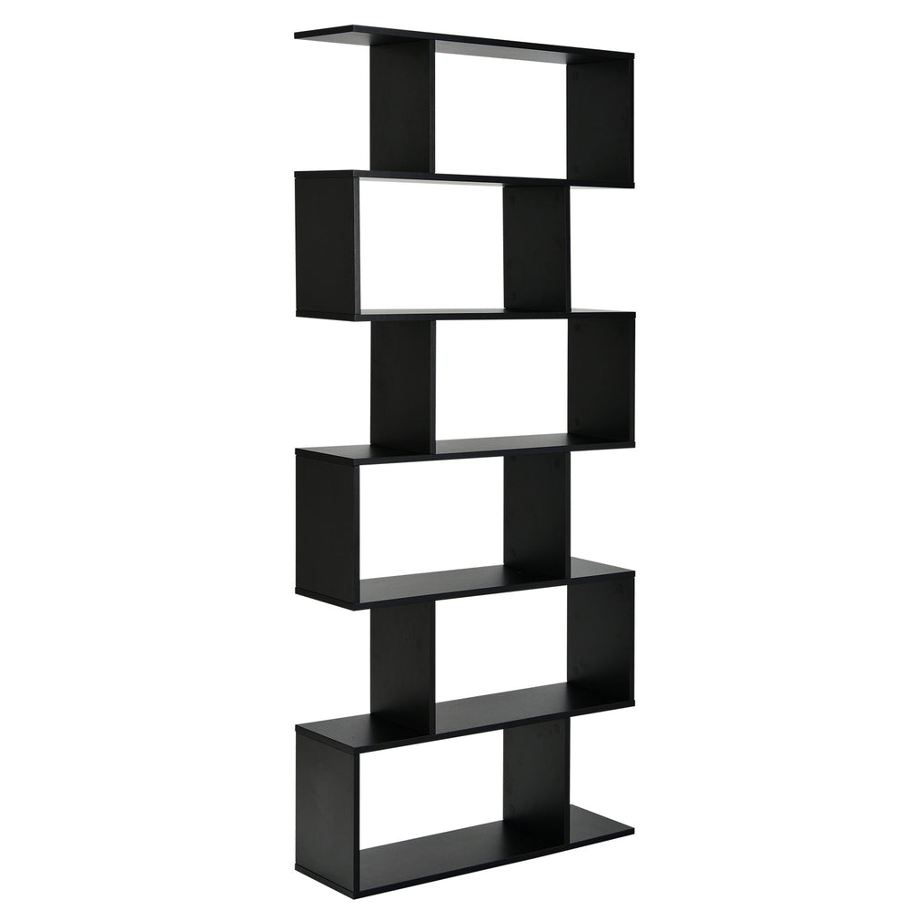 S-shaped 6-tier black bookshelf with spacious compartments for stylish storage and display in any room.