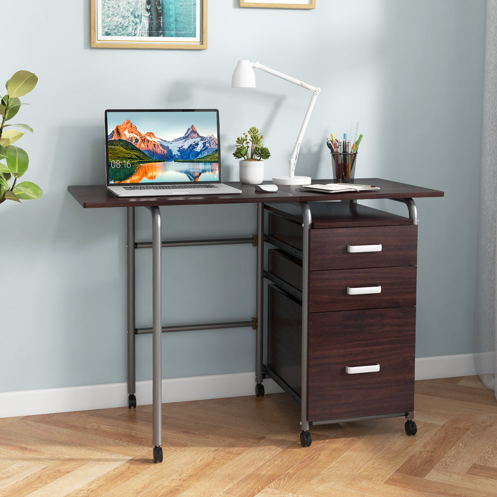Folding Computer Laptop Desk Wheeled Home Office Furniture-Brown - Gallery View 1 of 7