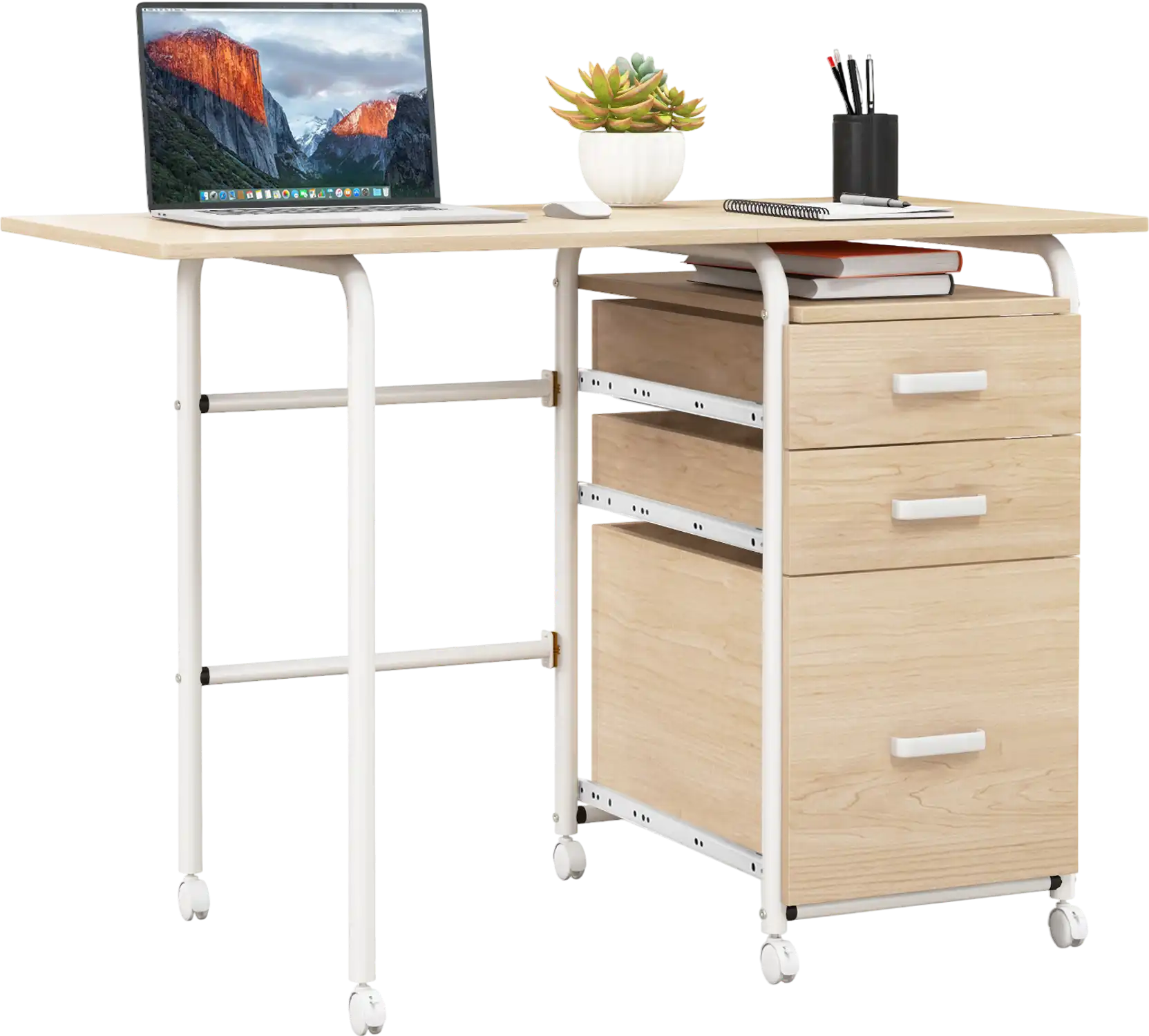 Costway Folding Home Office Computer Desk w/ 3 Drawers & Wheels 43652978 New