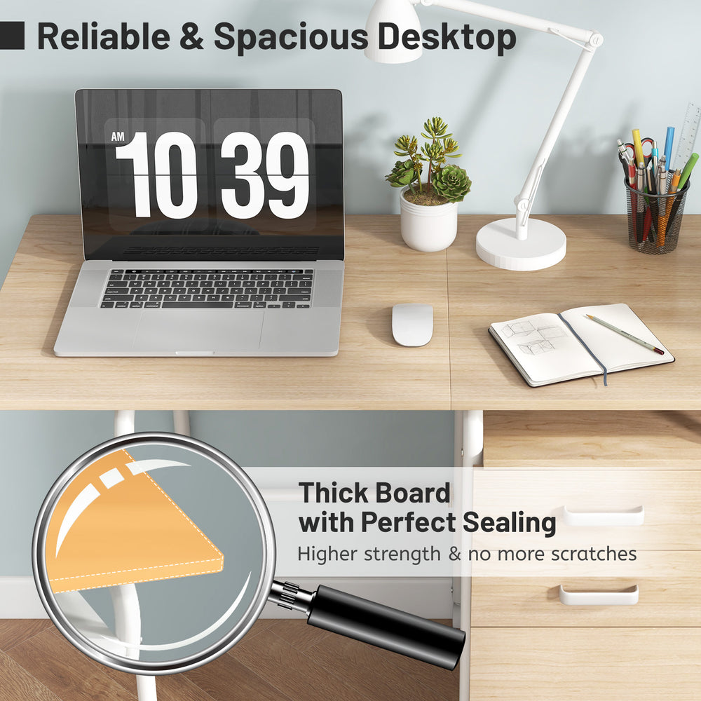 Folding computer desk with spacious natural wood surface, three drawers, and six wheels for easy mobility in home.