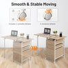 Folding computer desk with three drawers and six wheels, designed for easy movement and space-saving in home offices.