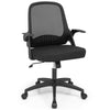 Adjustable black mesh office chair with flip-up armrests, ergonomic backrest, and 360° swivel for comfortable seating.