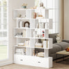Freestanding 6-tier S-shaped bookshelf in white with open shelves and closed cabinet, ideal for living rooms or home.