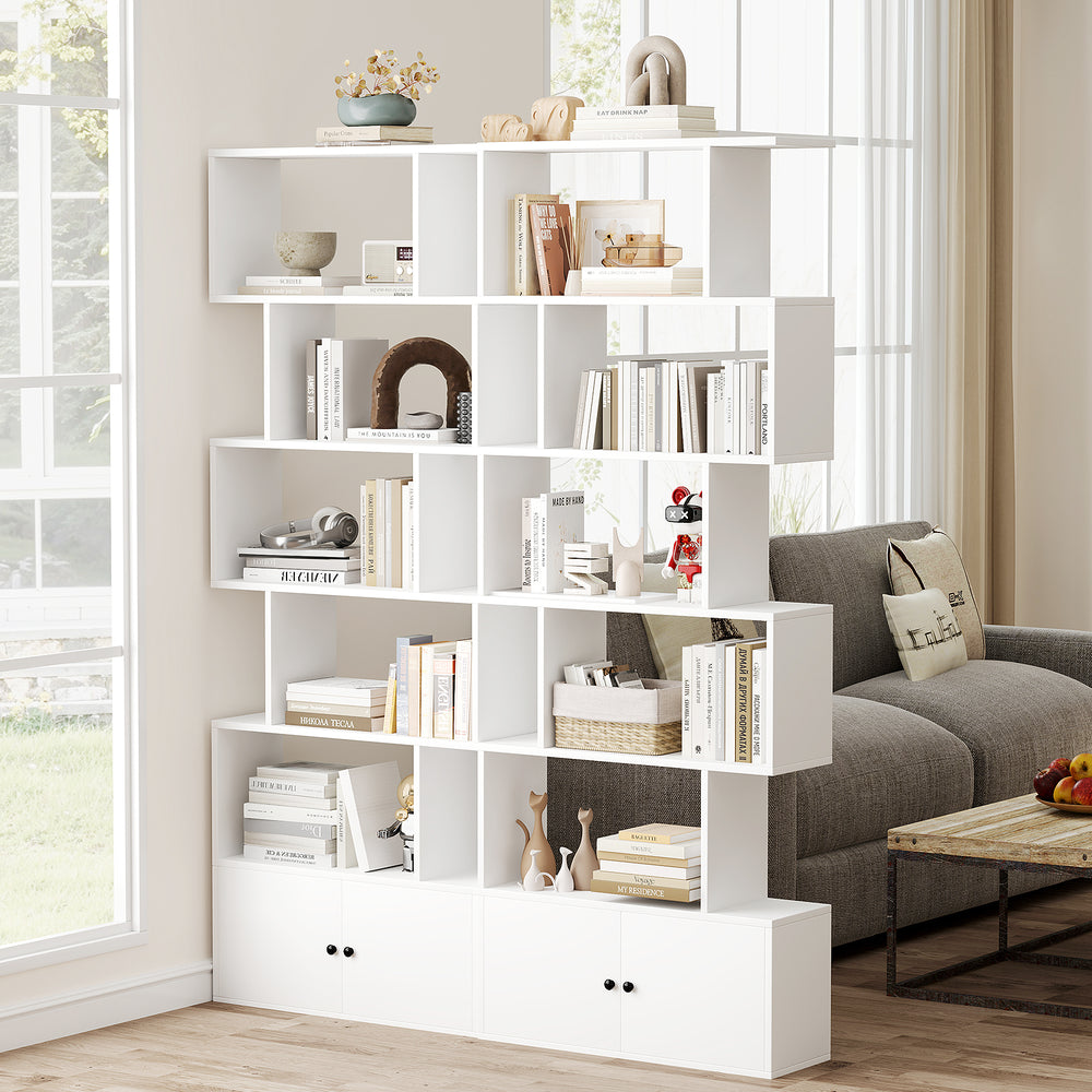 Freestanding 6-tier S-shaped bookshelf in white with open shelves and closed cabinet, ideal for living rooms or home.