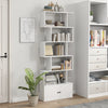 S-shaped 6-tier freestanding bookshelf in white with open shelves and closed cabinet, perfect for home office or living.