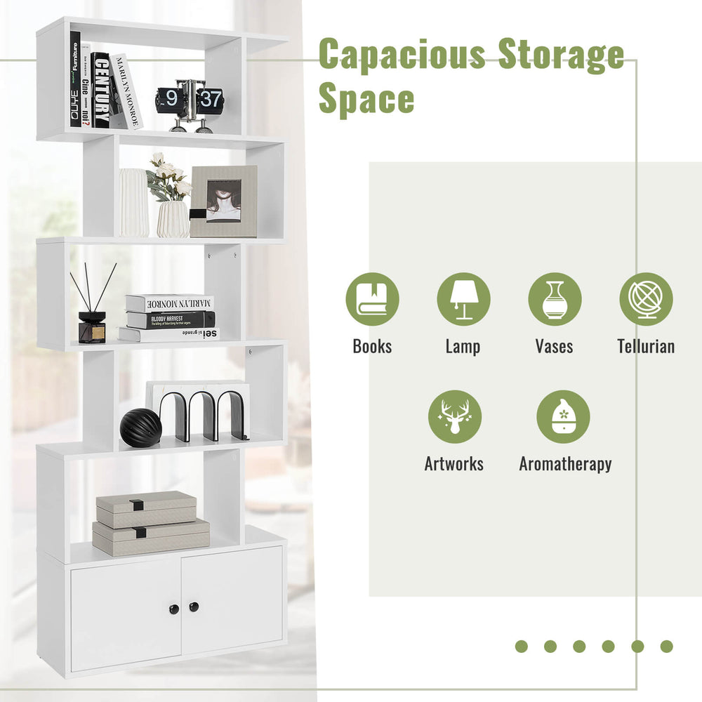 6-tier S-shaped freestanding bookshelf in white with open shelves and closed cabinet for versatile storage in any room.