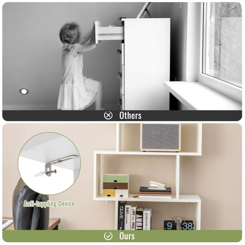 S-shaped 6-tier freestanding bookshelf in white with anti-toppling device, ideal for bedrooms and home offices.