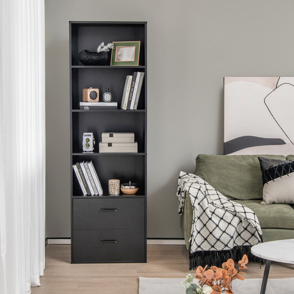 6-Tier Tall Freestanding Bookshelf with 4 Open Shelves and 2 Drawers-Black - Gallery View 1 of 10
