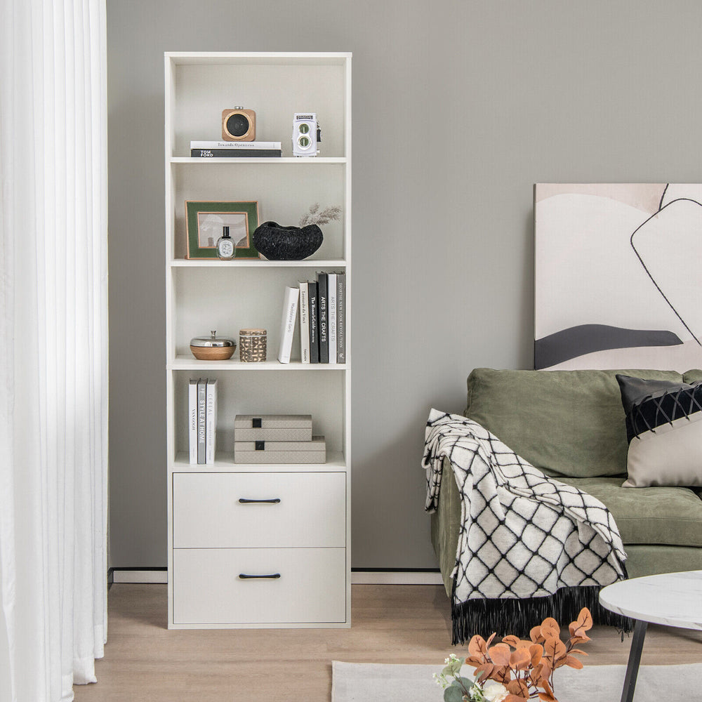 Tall white 6-tier freestanding bookshelf with 4 open shelves and 2 drawers, perfect for home or office storage.