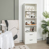 Tall white freestanding bookshelf with 4 open shelves and 2 drawers, ideal for home or office storage solutions.