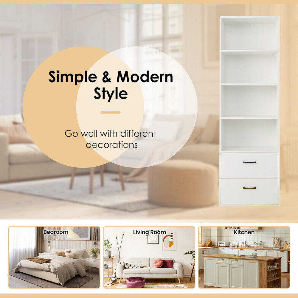 Tall freestanding white bookshelf with 4 open shelves and 2 drawers, ideal for modern home or office storage.