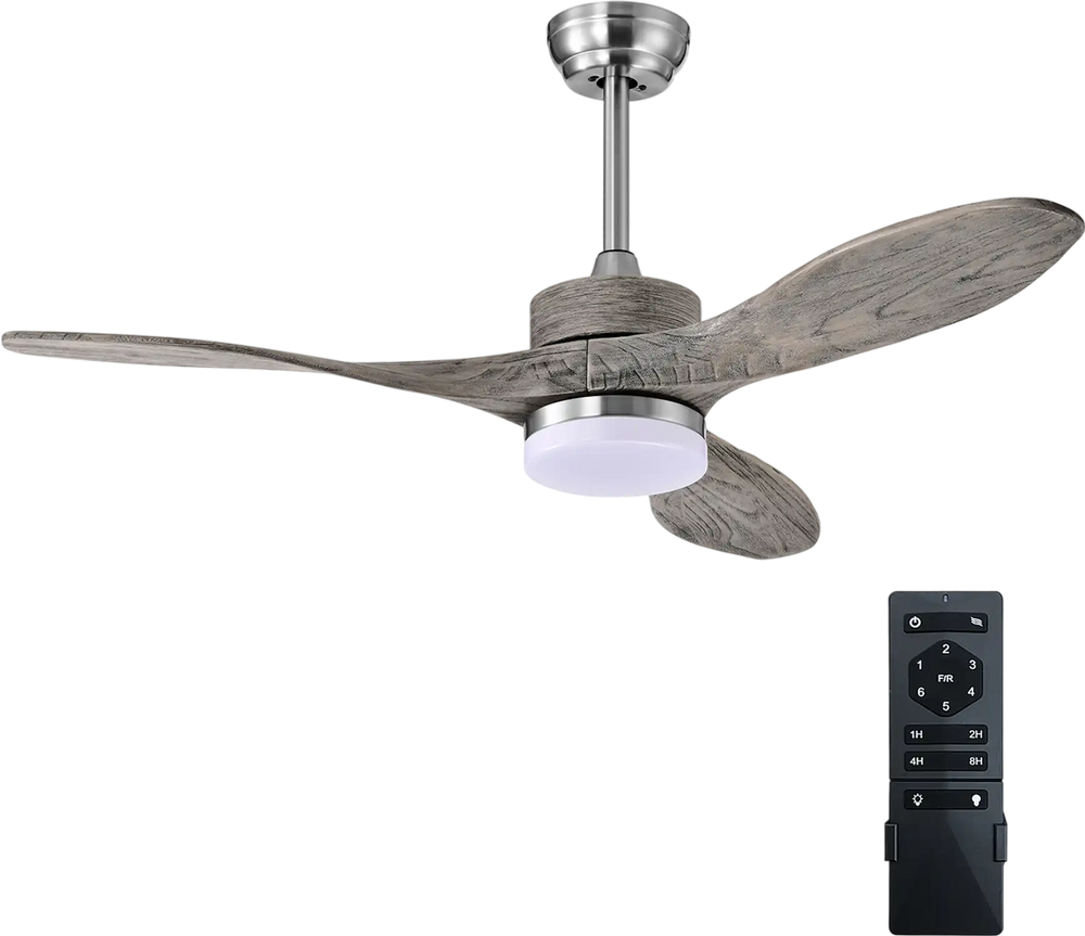 48-inch wood ceiling fan with LED lights, remote control, and 6 speed levels, perfect for living rooms or bedrooms.
