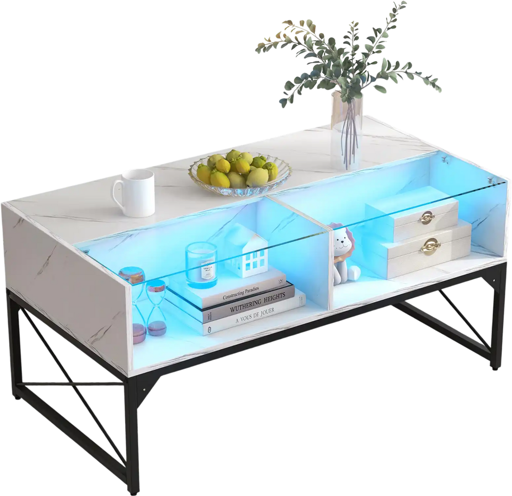 Center table with faux marble and tempered glass top featuring built-in LED lights, ample storage, and a sleek metal.