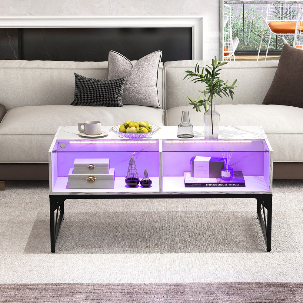 Center table with faux marble and tempered glass top, featuring built-in LED lights for ambiance and ample storage.