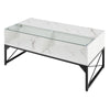 Center table with faux marble and tempered glass top, featuring built-in LED lights and ample storage for decor and.