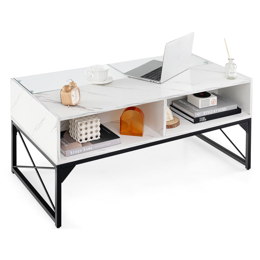 Center table with faux marble and tempered glass top, featuring ample storage and built-in LED lights for ambiance.