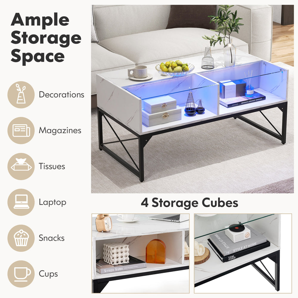 Center table with faux marble and tempered glass top, featuring LED lights and ample storage for magazines and snacks.