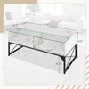 Center table with faux marble and tempered glass top, featuring LED lights and ample storage, ideal for modern living.