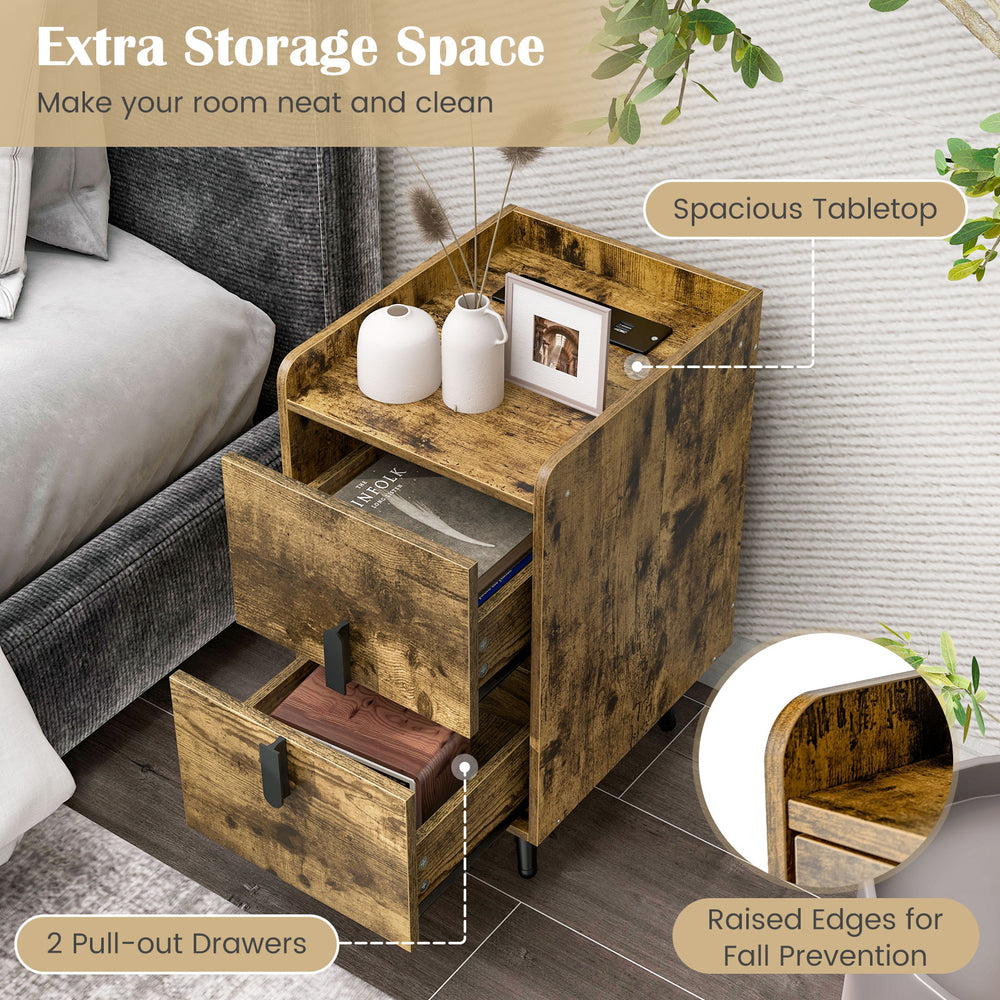 Rustic brown nightstand with 2 pull-out drawers and built-in USB ports, perfect for bedside storage and charging.