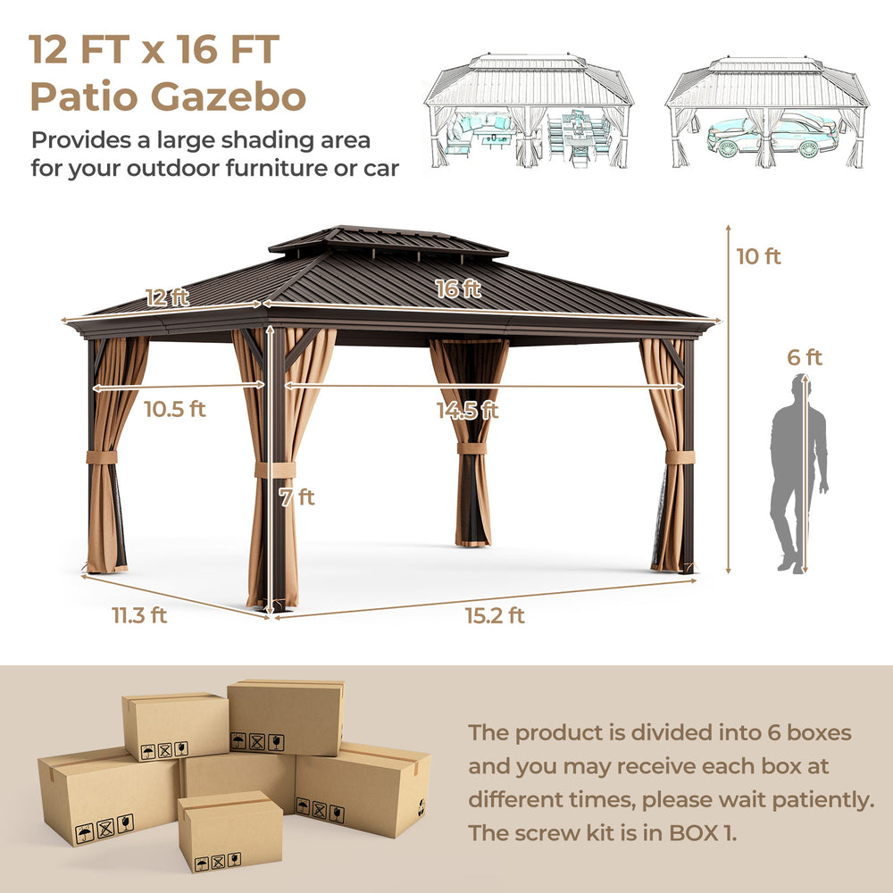 12' x 16' double-roof hardtop gazebo with galvanized steel roof, featuring curtains and drainage holes for outdoor use.
