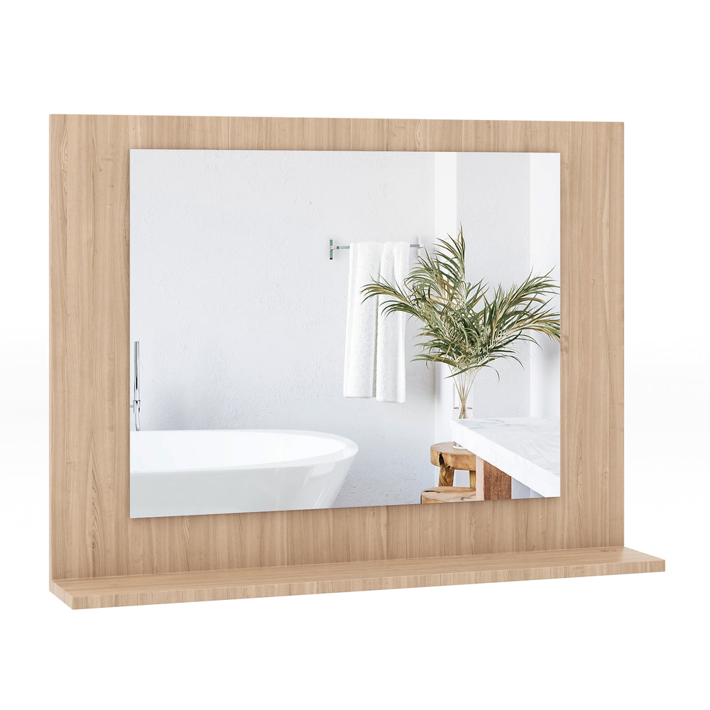 Rectangle bathroom mirror with brown wood frame and shelf, 23.5 x 17.5 inches, ideal for wall-mounted storage.