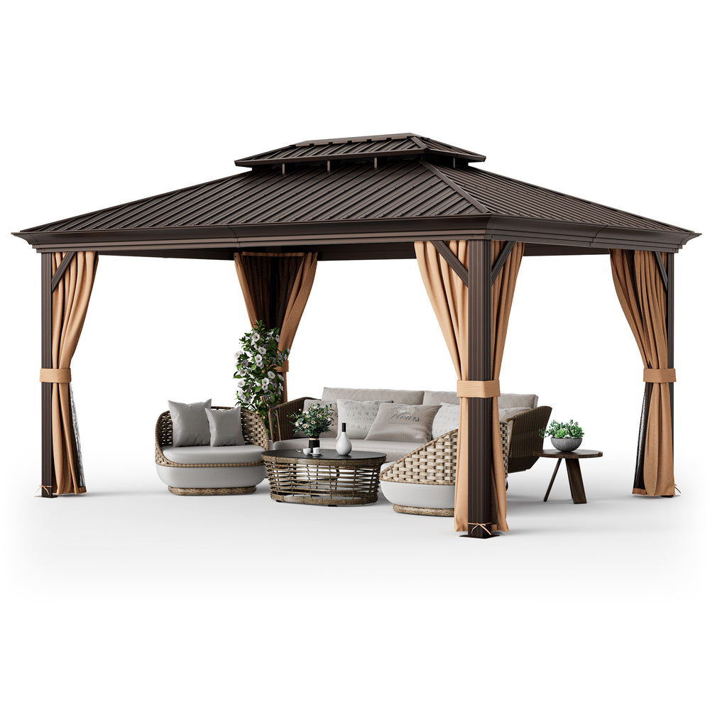 Double-roof hardtop gazebo with galvanized steel roof, featuring detachable curtains and a spacious seating area for.