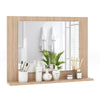 Rectangle bathroom mirror with brown wood frame and shelf, featuring a high-definition silver mirror for stylish.