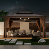 12' x 16' double-roof hardtop gazebo with galvanized steel roof, featuring curtains and a cozy seating area for outdoor.