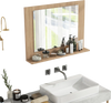 Rectangle bathroom mirror with a brown wood frame and shelf, ideal for storage and wall-mounted installation.