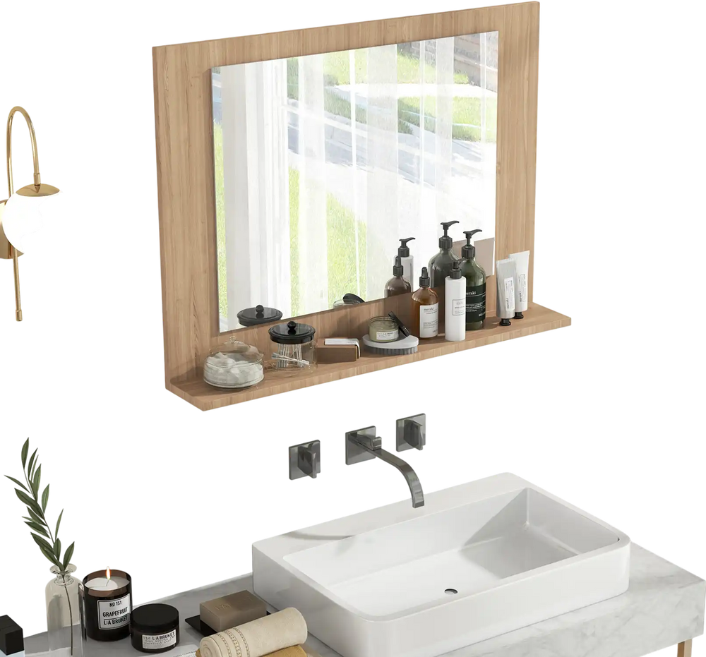 Rectangle bathroom mirror with a brown wood frame and shelf, ideal for storage and wall-mounted installation.