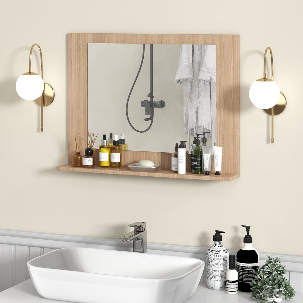 Rectangle bathroom mirror with shelf in brown wood frame, featuring high-definition glass, ideal for stylish storage.
