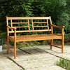 Acacia wood patio bench with curved armrests, slatted seat, and backrest, perfect for garden or poolside relaxation.