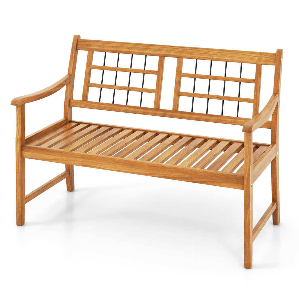 Acacia wood patio bench with curved armrests, slatted seat, and backrest, ideal for backyard or garden seating.